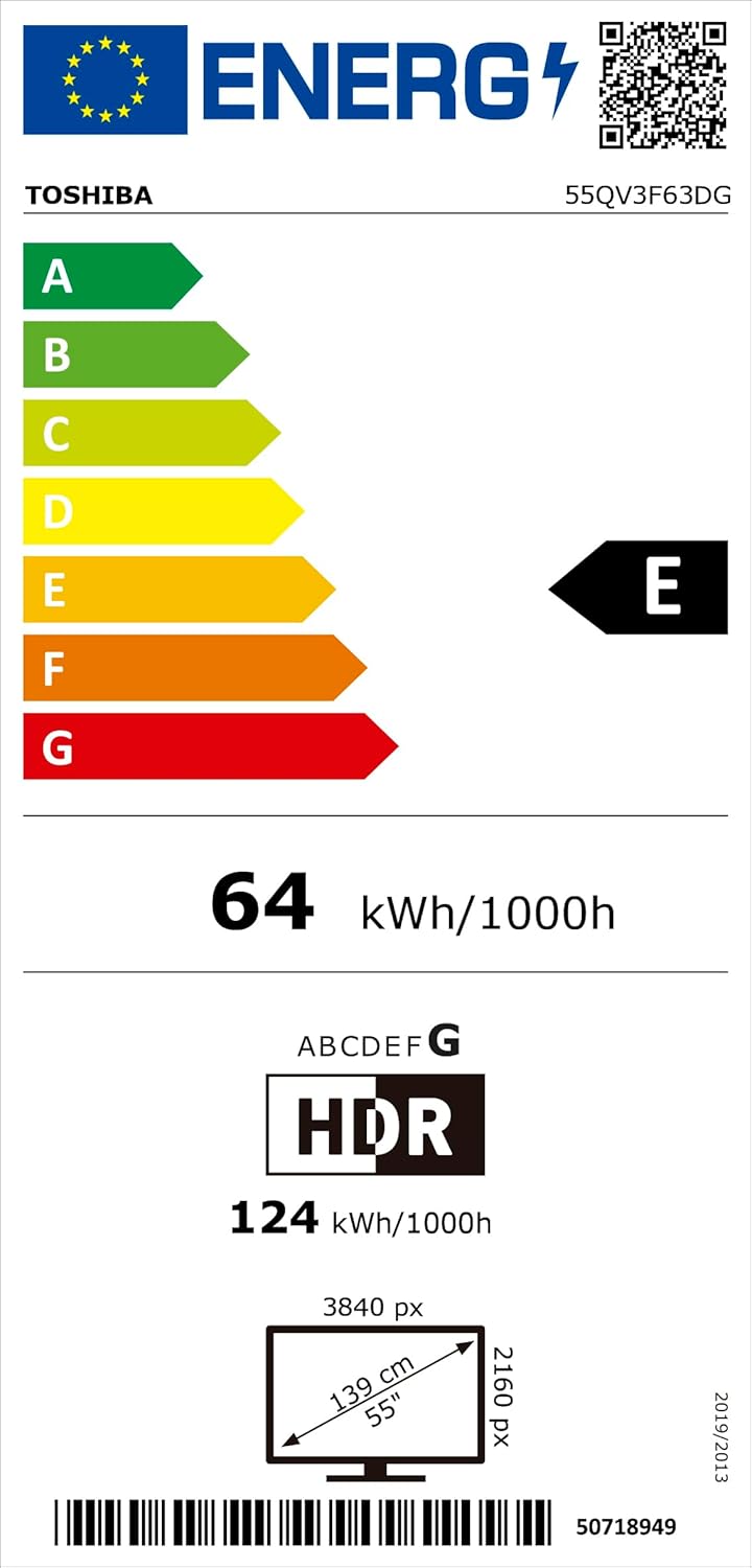 EU Energy Label for Toshiba 55QV3F63DG QLED TV, showing E rating.