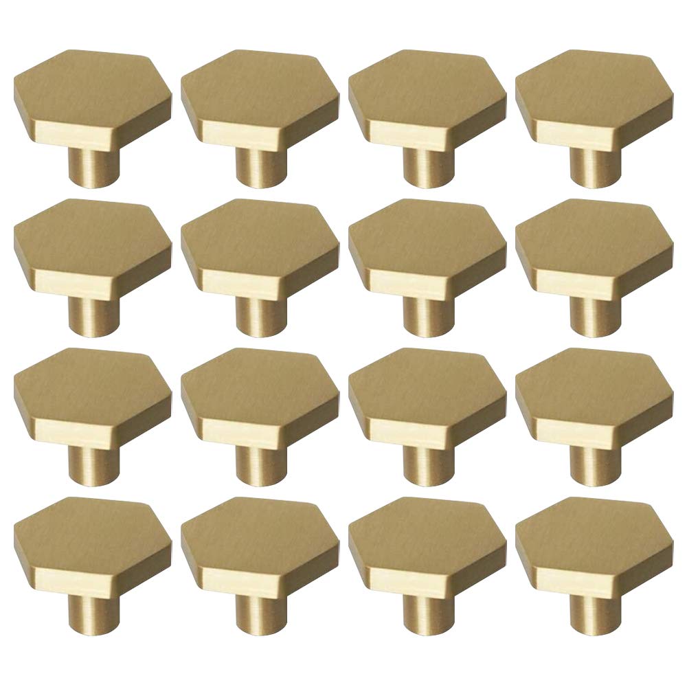 RZDEAL 1-1/10" Solid Brass Knobs Shoe Cabinets Knob and Pulls Brushed Gold Hexagon Handles for Dresser Drawer (16Pcs)