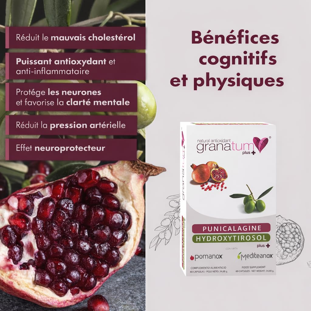 Granatum Plus - Punicalagine et Hydroxytyrosol - Extrait de Grenade et d'Huile d'Olive Extra Vierge - Antioxydant et Anti-inflammatoire - Soin de la Peau - Produit en Espagne - 1 Boîte de 60 Gélules