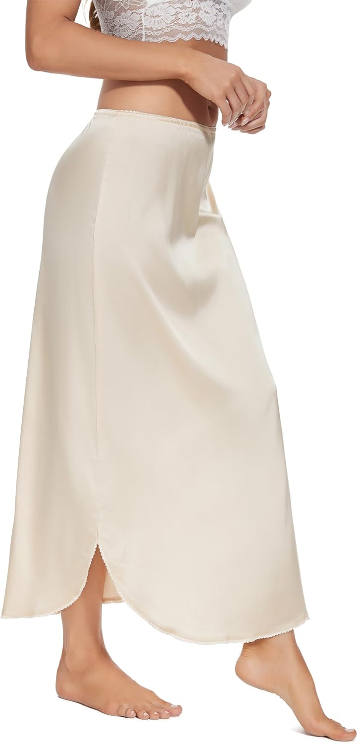 MANCYFIT Long Half Slip for Women Under Dress Satin Slip Skirt Extenders 36" Maxi Underskirt