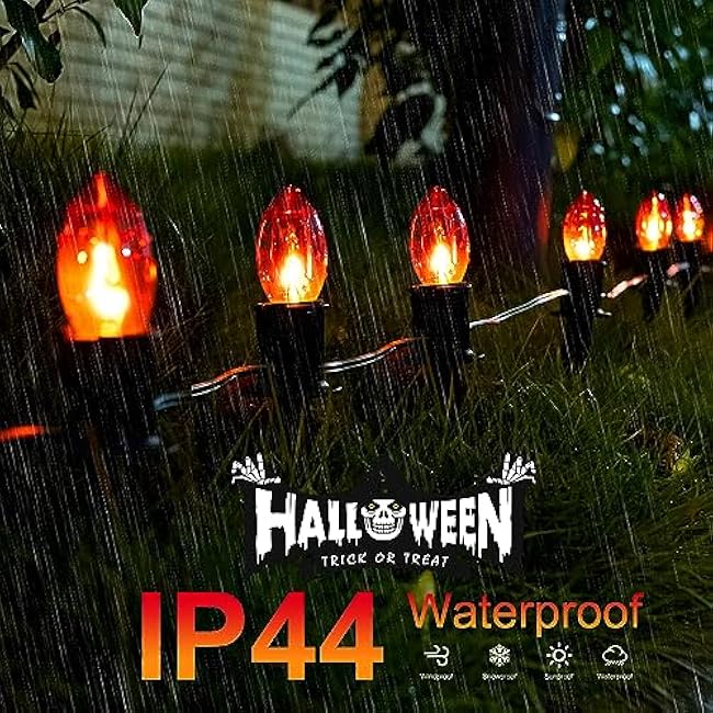 Halloween Decorations - 24.2FT Flickering Flame String Lights with Stakes, C9 Halloween Pathway Lights, 20 Flicker Flame Walkway Light Waterproof for Outdoor Lawn Yard Party