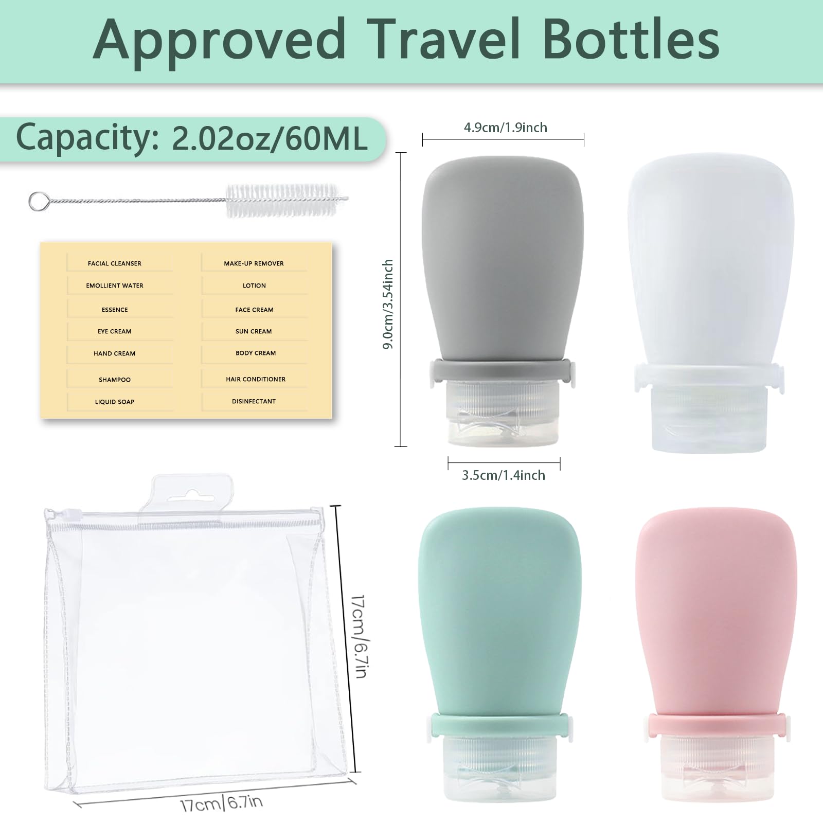 Silicone Travel Bottles Set for Toiletries Leak Proof Refillable Squeezable Containers Travel Containers 60ml(2oz) for Shampoo Conditioner Lotion Liquids Travel Containers with Storage Bag Tag - Image 3