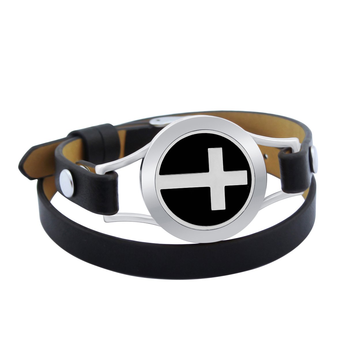 Aromatherapy Diffuser Bracelet, Stainless Steel Essential Oil Bracelet Leather Band with 15 Refill Pads (Black)