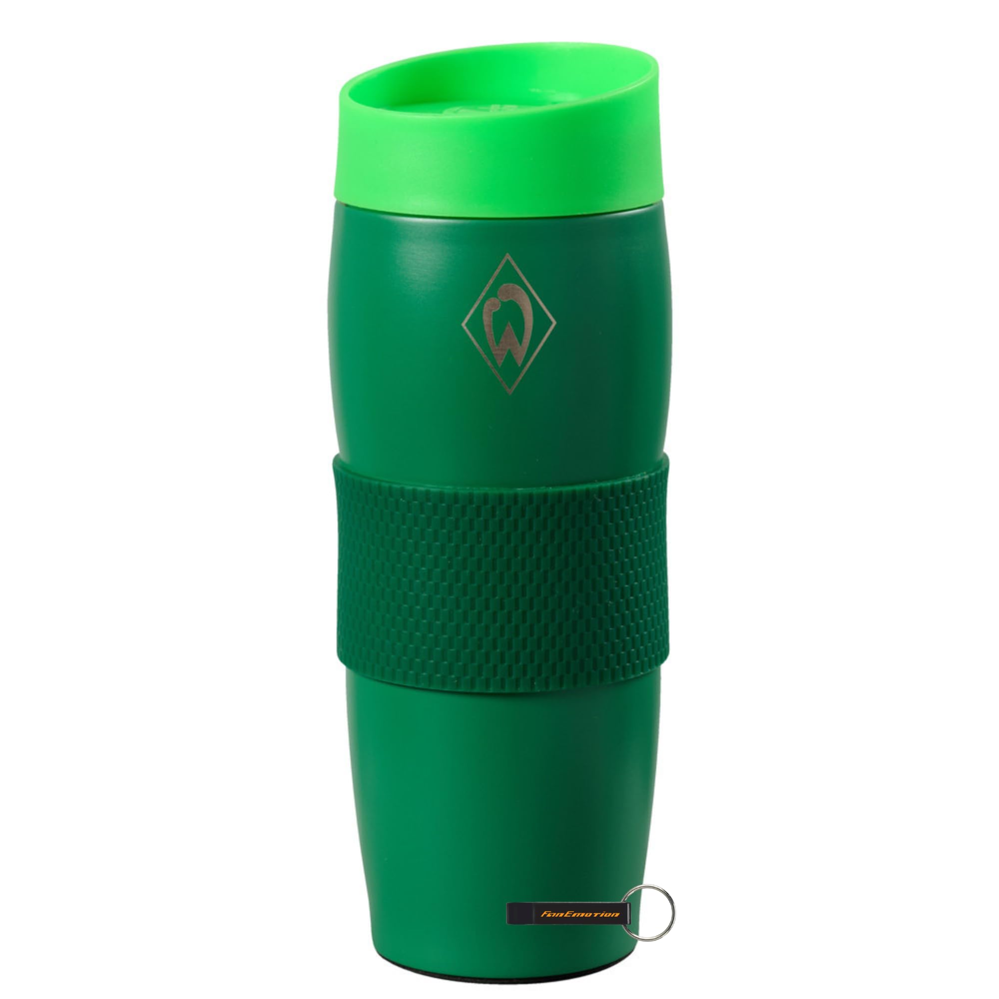 SV Werder Bremen Thermobecher "Raute", Offizieller Fanartikel, Edelstahlbecher mit Werder-Raute & Silikon-Griff, isolierend für heiße & kalte Getränke – 350 ml