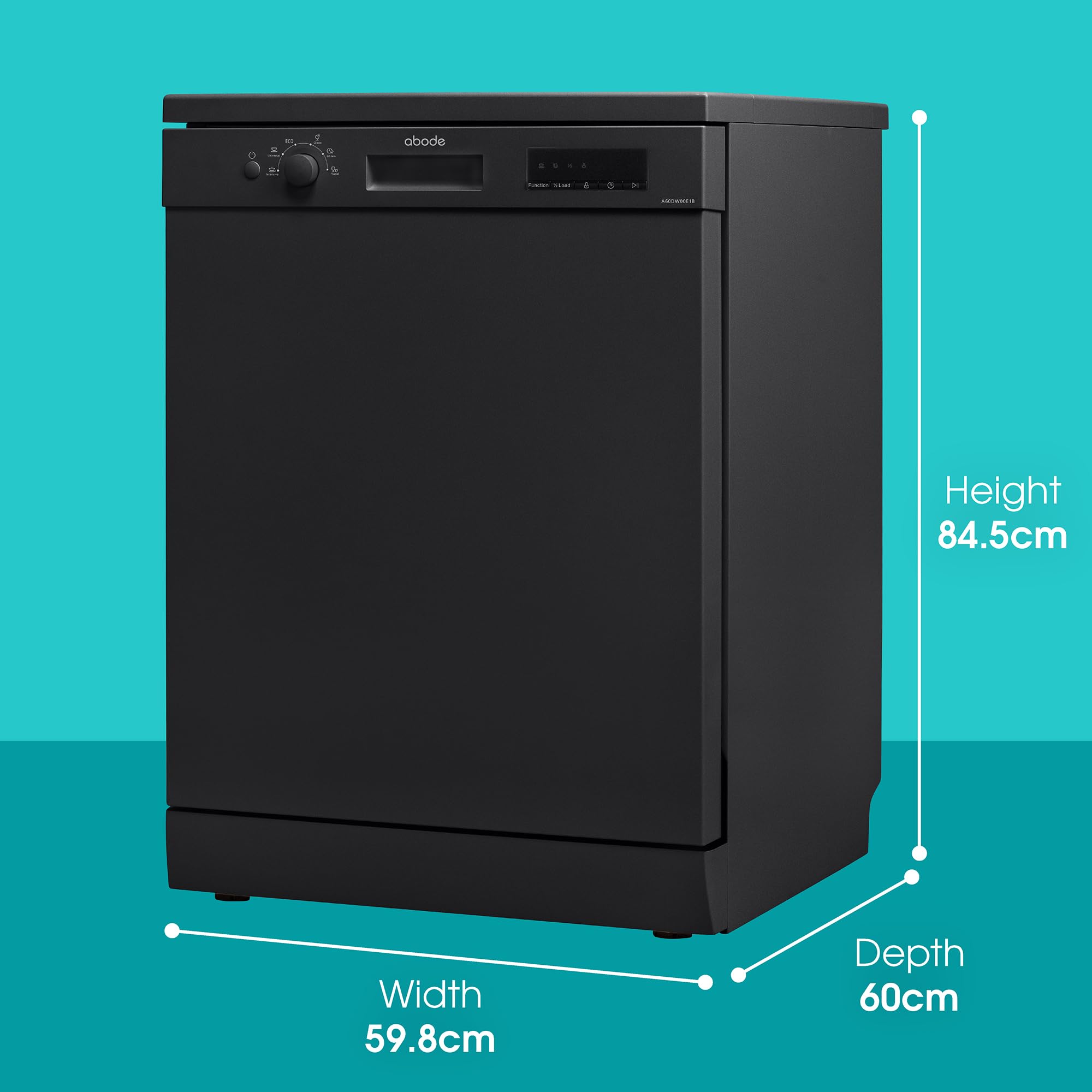 Abode Freestanding Dishwasher Class E with 12 Place Settings, 6 Wash Programs, 24-Hour Delay Start, Removable Cutlery Basket & Deep Clean Function in Black A60DW00E1B — view 3