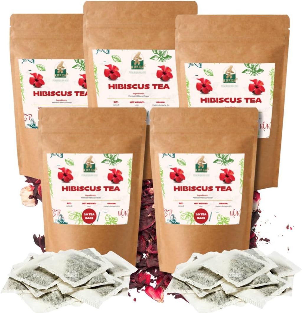 KUKER - 5pcs Hibiscus Tea, 100% Pure Natural From Dried Flowers - Herbal Tea Bagged, Caffeine Free - 20 Tea Bags (5pack, Total of 100 Teabags) - 30g