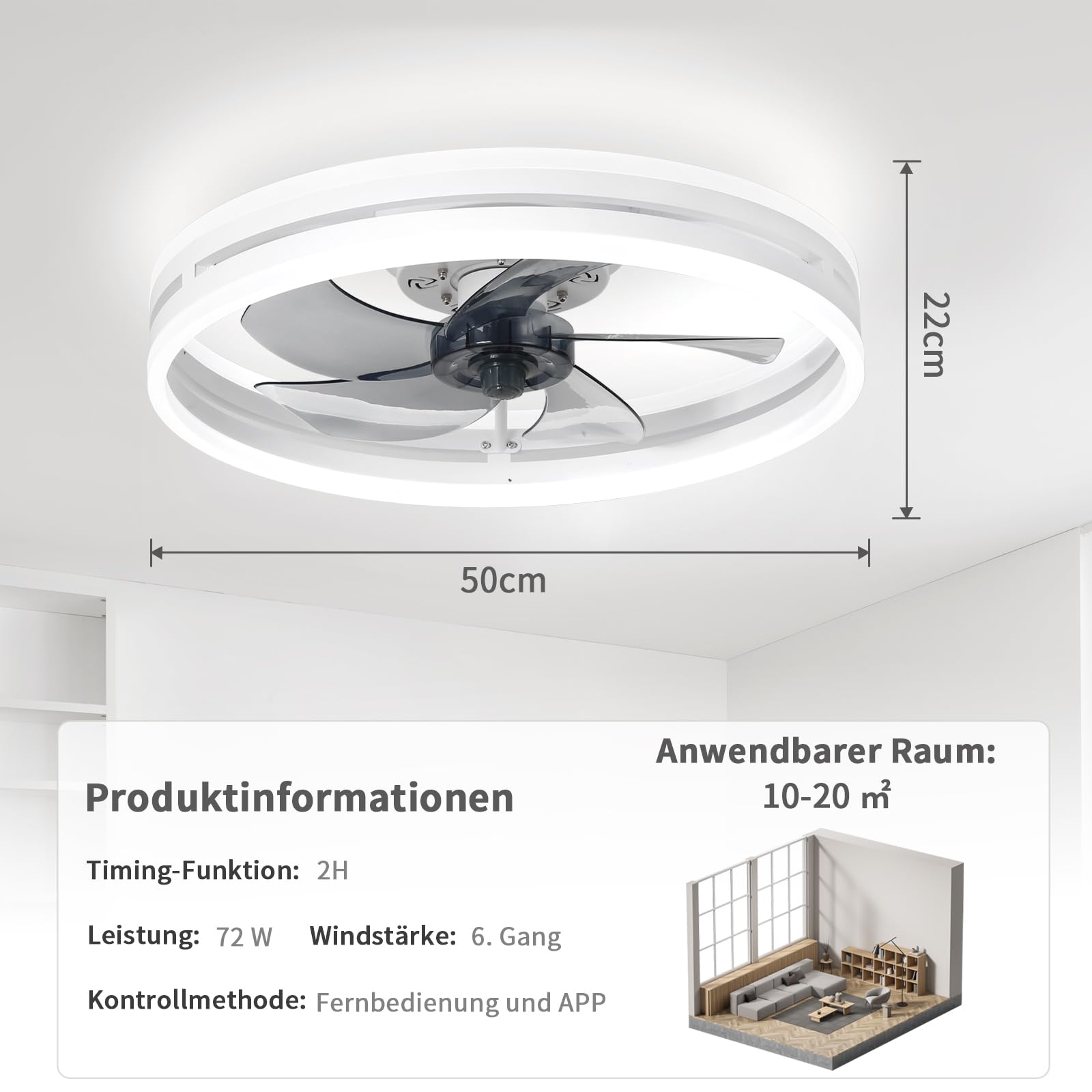Leise Deckenventilator Mit Beleuchtung 72W Dimmbare Deckenleuchte Mit Fernbedienung Und APP 6 Geschwindigkeiten Lampe Mit Ventilator Timer Deckenventilatoren Schlafzimmer Wohnzimmer Licht (Weiß,50cm)