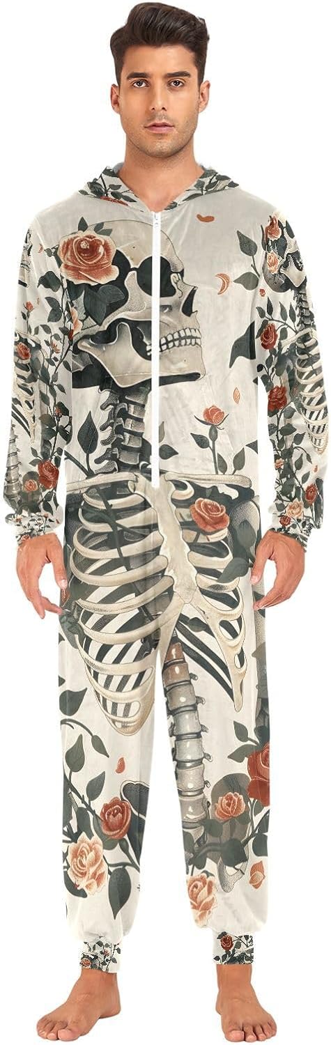 Skeleton Roses Flower Skull Adult Onesie Pajamas for Unisex Novelty One Piece Costume Sleepwear