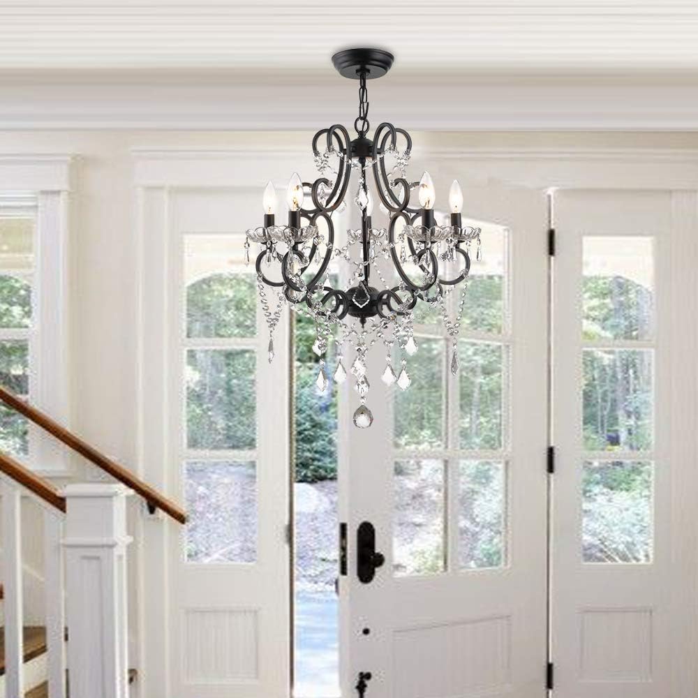Maxax Crystal Chandelier, 5 Lights Modern Candle Pendant Light, K9 Raindrop Hanging Lighting Fixture, Adjustable Chain for Living Room, Bedroom, Dining Room, Kitchen Island, Black
