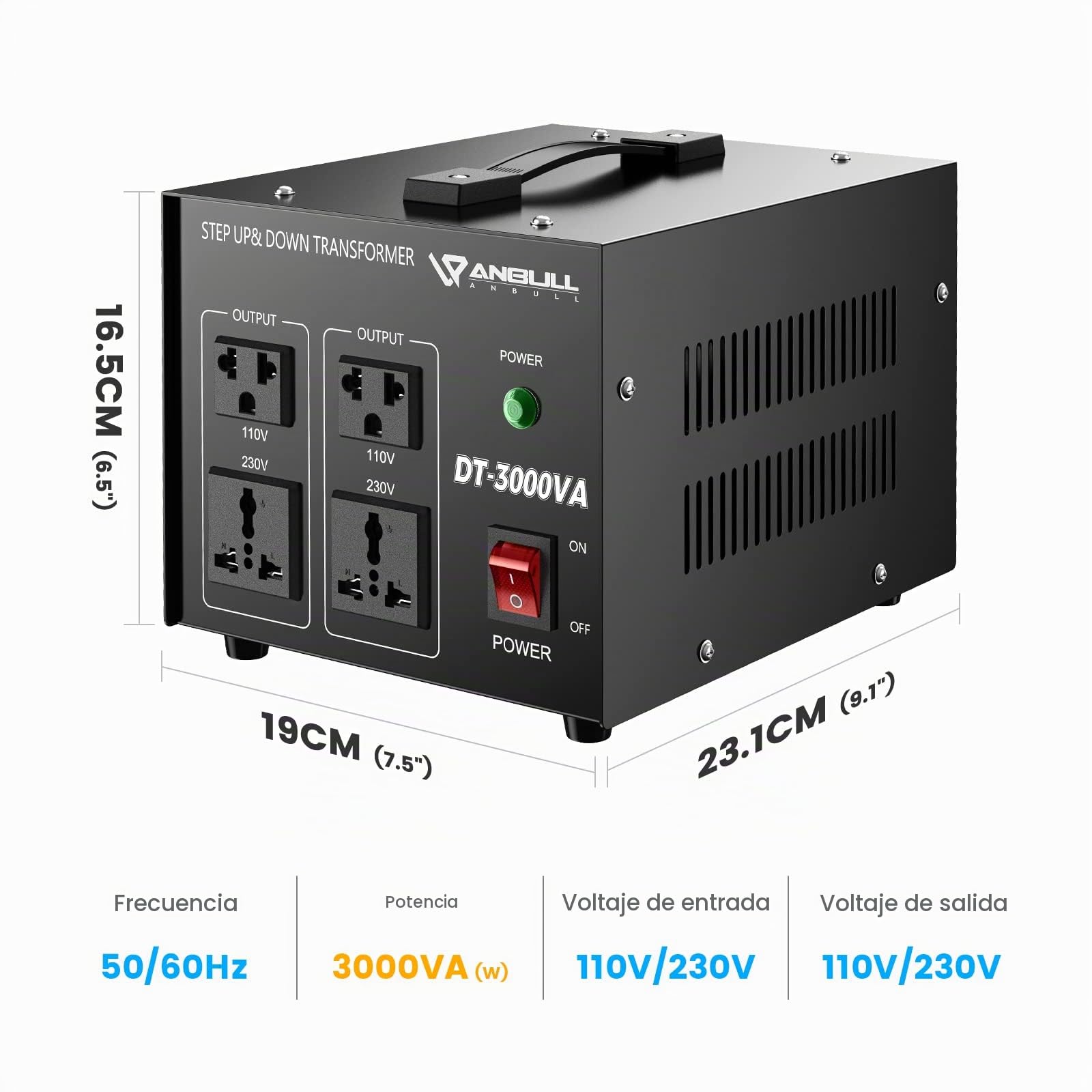 Anbull Transformador Convertidor de Voltaje DT-3000W 230⇋110V | Apagado automático por sobrecarga Toroidal 2 enchufes europeos y 2 enchufes americanos Transformador de Núcleo