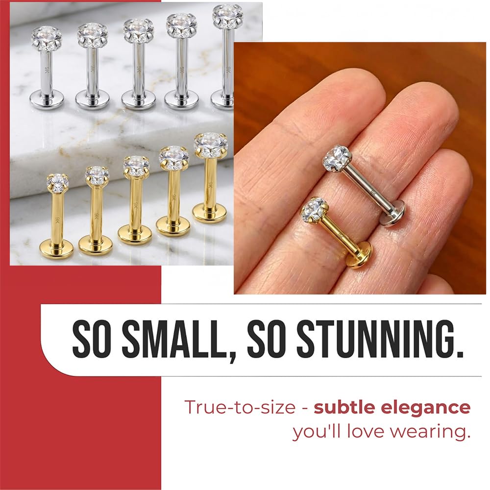 Piercing de labio de oro amarillo macizo de 9 quilates, oro blanco, circonita cúbica redonda, sin rosca, parte superior de calibre 16, parte trasera plana, piercing de barra para tragus
