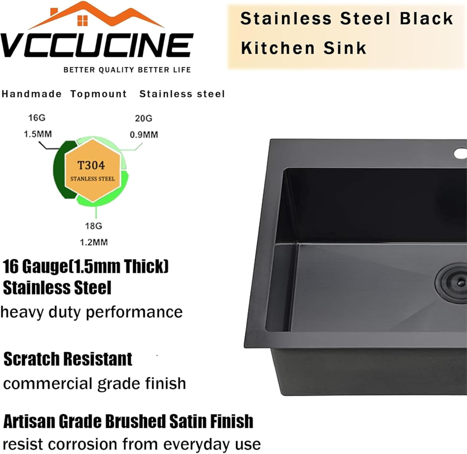 VCCUCINE 28x18 Inch Black Top Mount Drop in Kitchen Sink, Gunmetal Black Modern Square Single Bowl Stainless Steel Basin Topmount Kitchen Sink,16 Gauge Overmount Metal Laundry Sink with Strainer