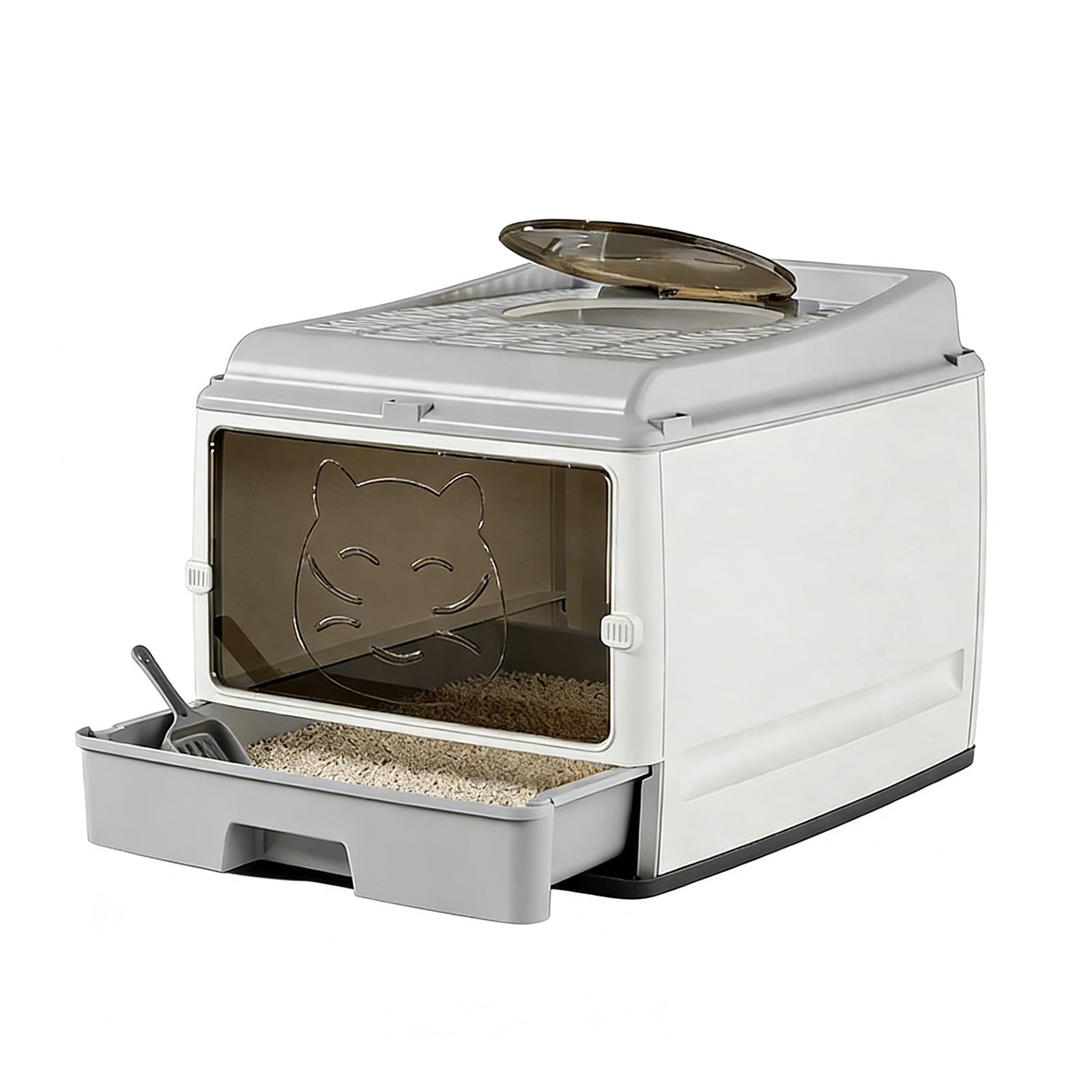 Lettiera con Bordi Alti, Lettiera per Gatti Chiusa con Cassetto Estraibile E Paletta, Lettiera Di Grande Capacità per Gatti Di Grossa Taglia.(Gray)