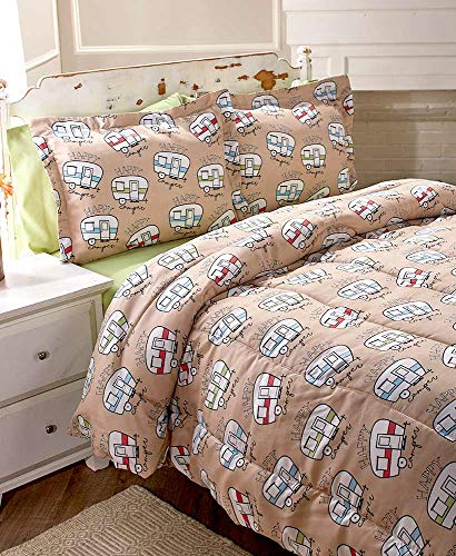 The Lakeside Collection Happy Camper Comforter Set - Cute Bedding for Outdoor Lovers, Kids, Teens - King, Beige