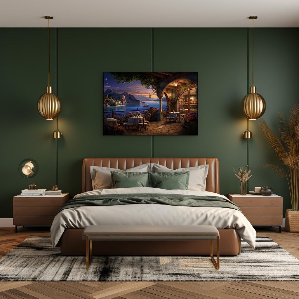 Canvas for Living room. Starry Night Serenade � An Enchanted Balcony Dining Experience Overlooking the Tranquil Sea, 27 x 18 inch Canvas Wall Art - Abstract Expressionist - Modern Home Decor