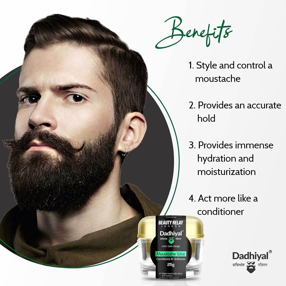 BEAUTYRELAY LONDON Dadhiyal Moustache Wax With Castor Oil & Dadhiyal Beard Wash for Strong Hold 25g, sharper look, Parabens, sulfates, silicones free (Buy 1 Get 1 Free) 1