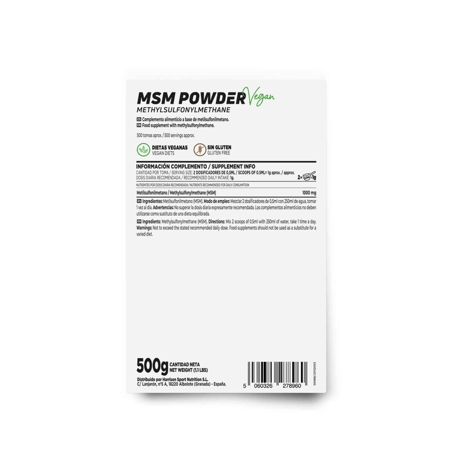 MSM en Poudre de HSN | Méthylsulfonylméthane | Santé pour les Os et Articulations | Forme biodisponible de soufre en poudre, Végétalien, Sans Gluten, Sans Lactose, 500g