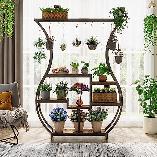 Image of Tribesigns 6-Tier Plant Stand, 70.9 Inch Tall Plant Shelf with 10 Hanging Hooks, Vase Shape Ladder Plant Stand, Multi-Purpose Plant Display Rack for Indoor, Balcony, Living Room, Brown and Black