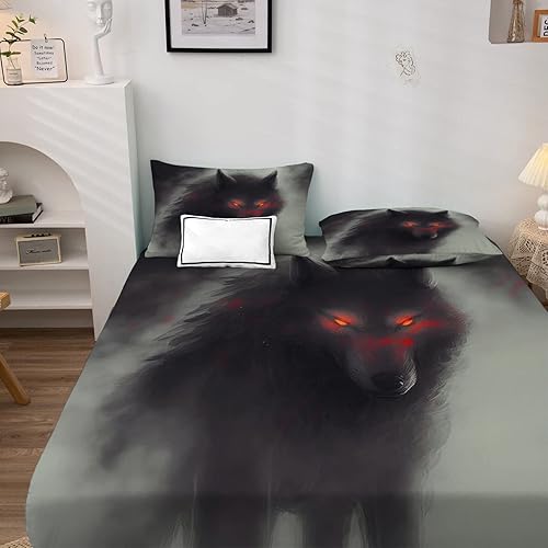 Miniatura 3 de Wolf Sheets - Juego de sábanas de tamaño California King, sábanas de cama de animales de fantasía, microfibra suave y bolsillo profundo, sábanas y