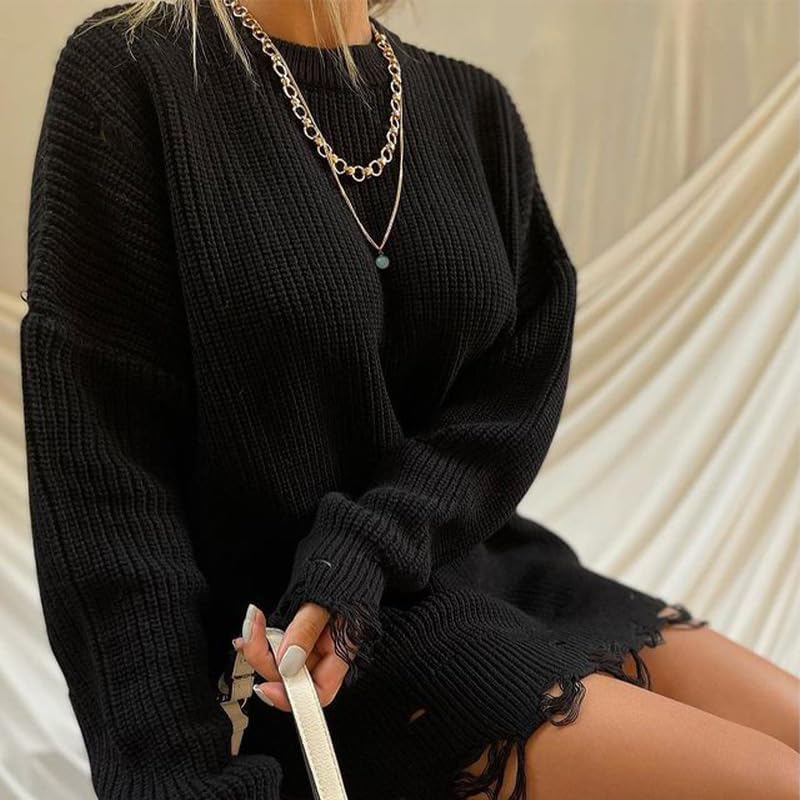 utcoco Women's Oversized Ribbed Knit Mini Dress Distressed Hole Long Sleeve Pullover Sweater - Image 3
