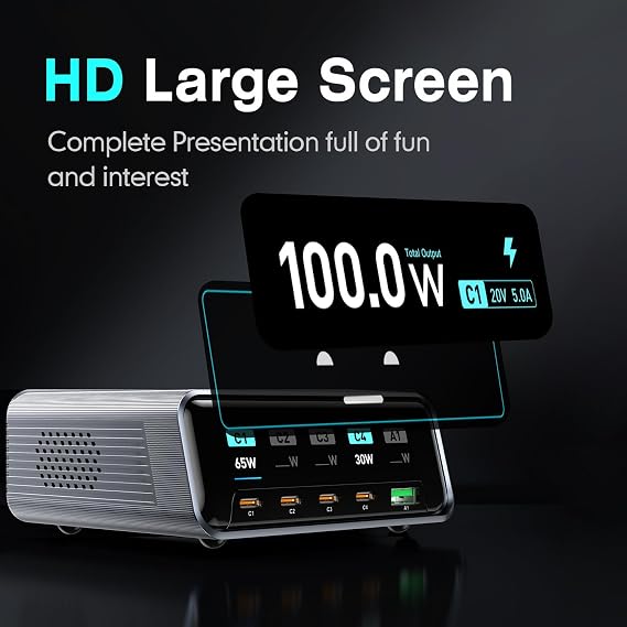 Smart Desktop Charging Station GaN3 USB C Charging Station 100W Ultra Fast 5-Port USB C with 100W PD3.0 QC3.0 2.25 LCD Screen and Intelligent Control Button