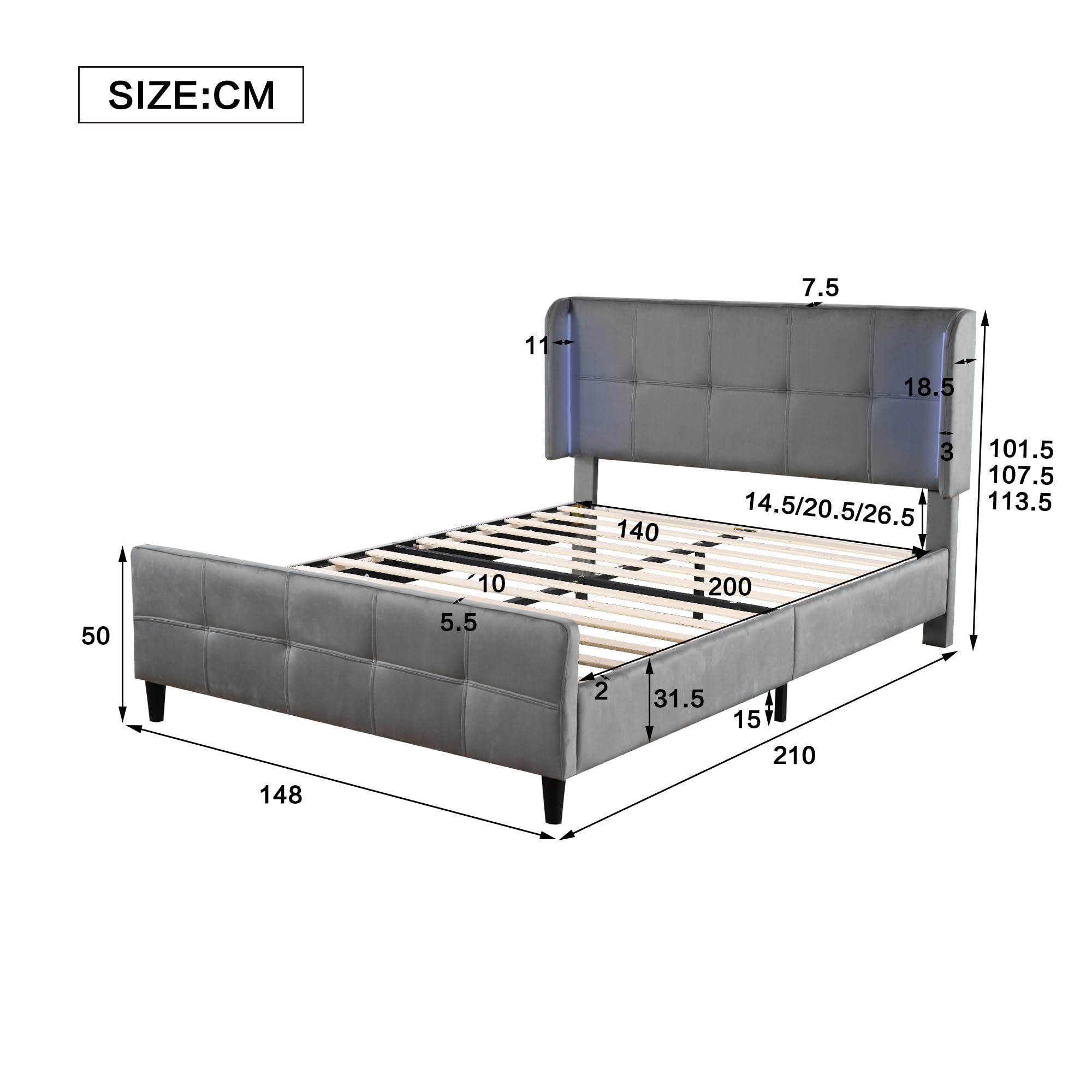 Soweiz Set per camera da letto completo, moderno e imbottito, 1 comodino+sgabello, letto matrimoniale con orecchie laterali, comodino, velluto, grigio (140 x 200 cm)