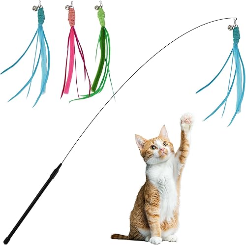 Andiker Juguete de varita para gatos, 3 piezas de juguetes de plumas de Setaria con campana y una varilla de alambre de acero flexible de 35.8