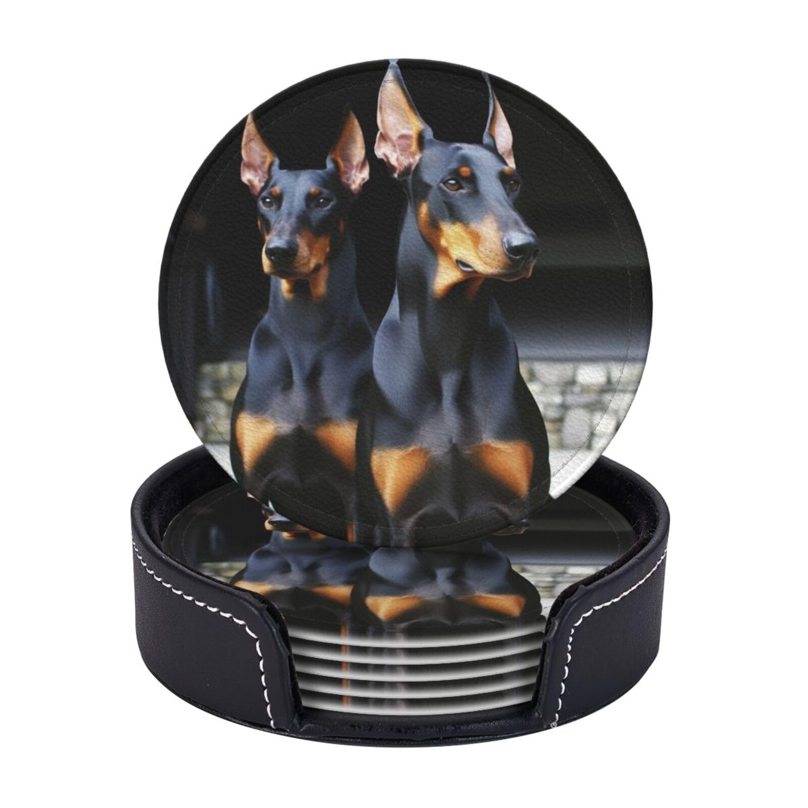 6PCS Drink Coasters with Holder, 4" Leather Coasters for Drinks, Doberman Cup Coasters for Coffee Table Decor, Non-Slip Drinking Cup Mat for Hot or Cold Drink