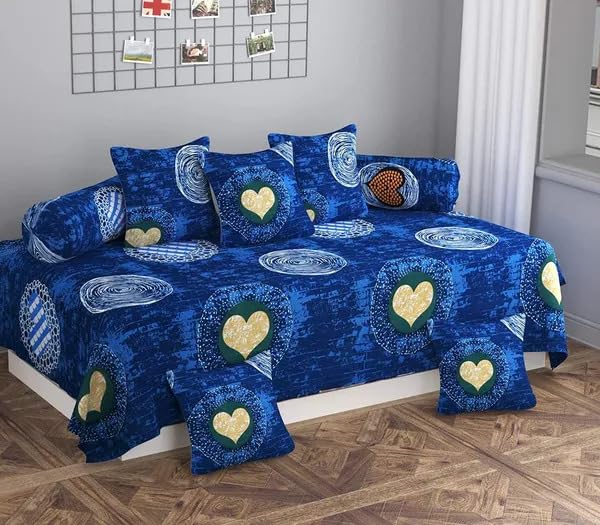 Diwan Set of 8 Pieces | Cotton Diwan Cover Set (Blue Hearts & Circles Diwan Set)-image-44