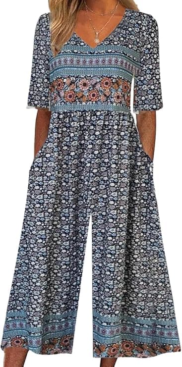 Womens Jumpsuits Dressy Casual Boho Floral Short Sleeve Jumpsuit V Neck Wide Leg Loose Flowy One Piece Bodysuit-image-37