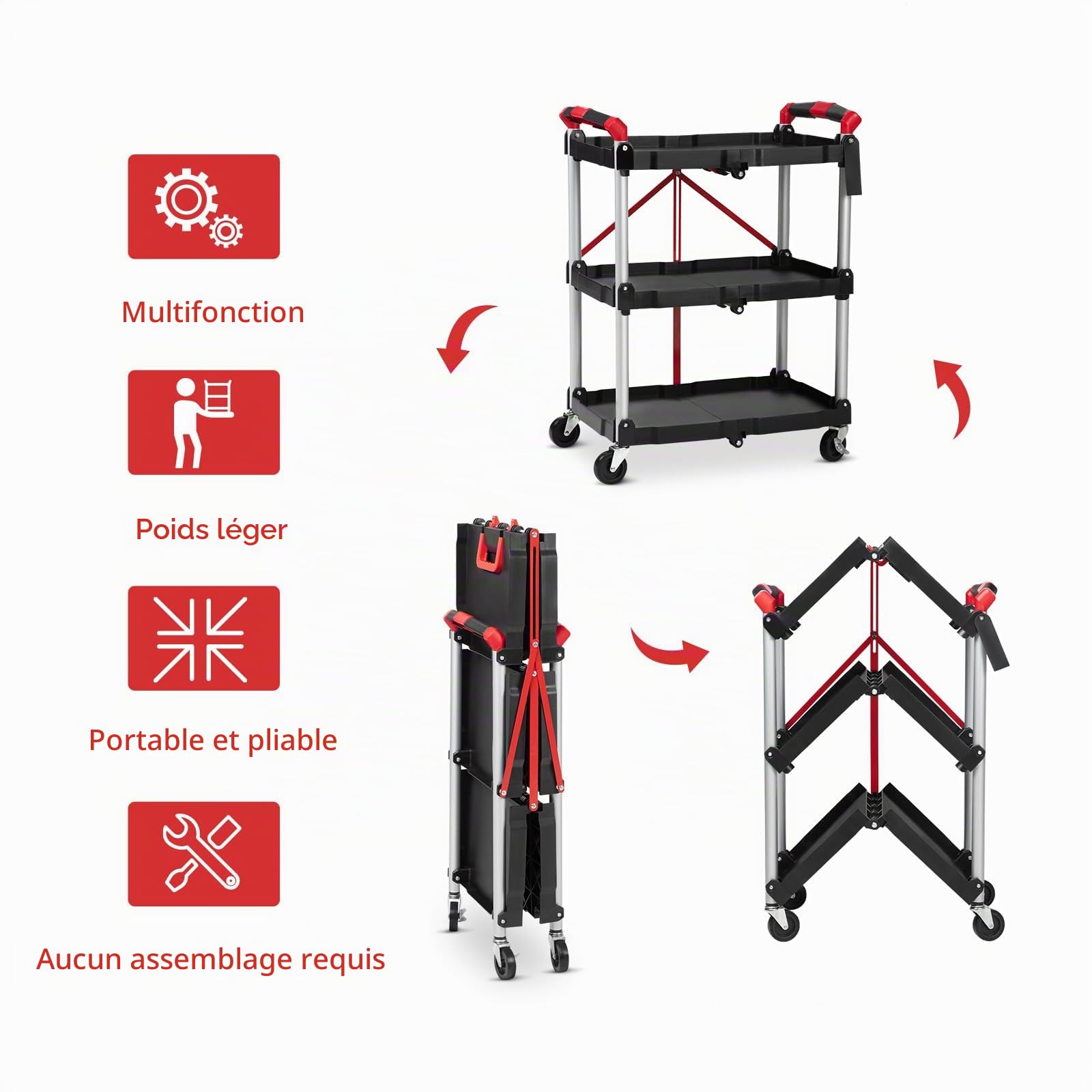 Garvee 3 Tier Folding Serving Trolley - Heavy Duty Metal Frame, 75kg Capacity, Wheels with Handles, Tool Grooves - Ideal Office, Kitchen, Catering - Italy