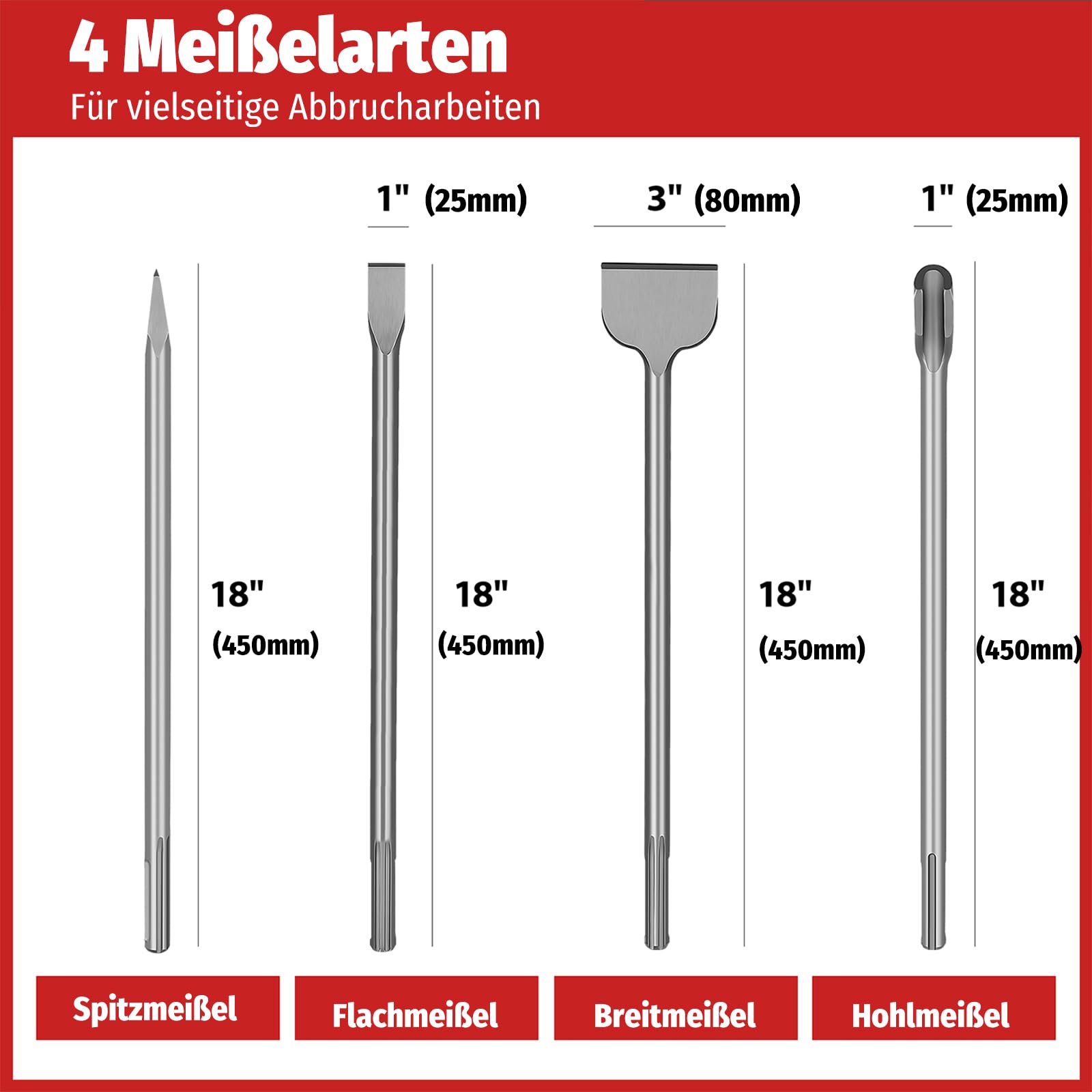 4tlg SDS Max Meißel Set 450mm für Beton Fliesen & Mauerwerk