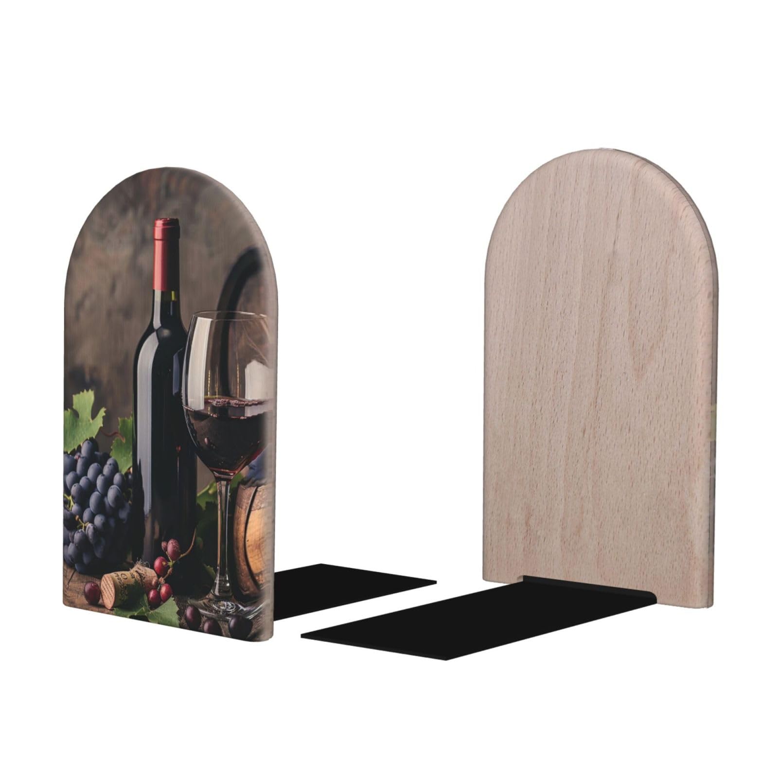 Wood Book Ends Non-Skid Bookends Grapes Red Wine Glass Book Ends for Shelves Modern Book Holder Decorative Bookends for Office Home 1 Pair