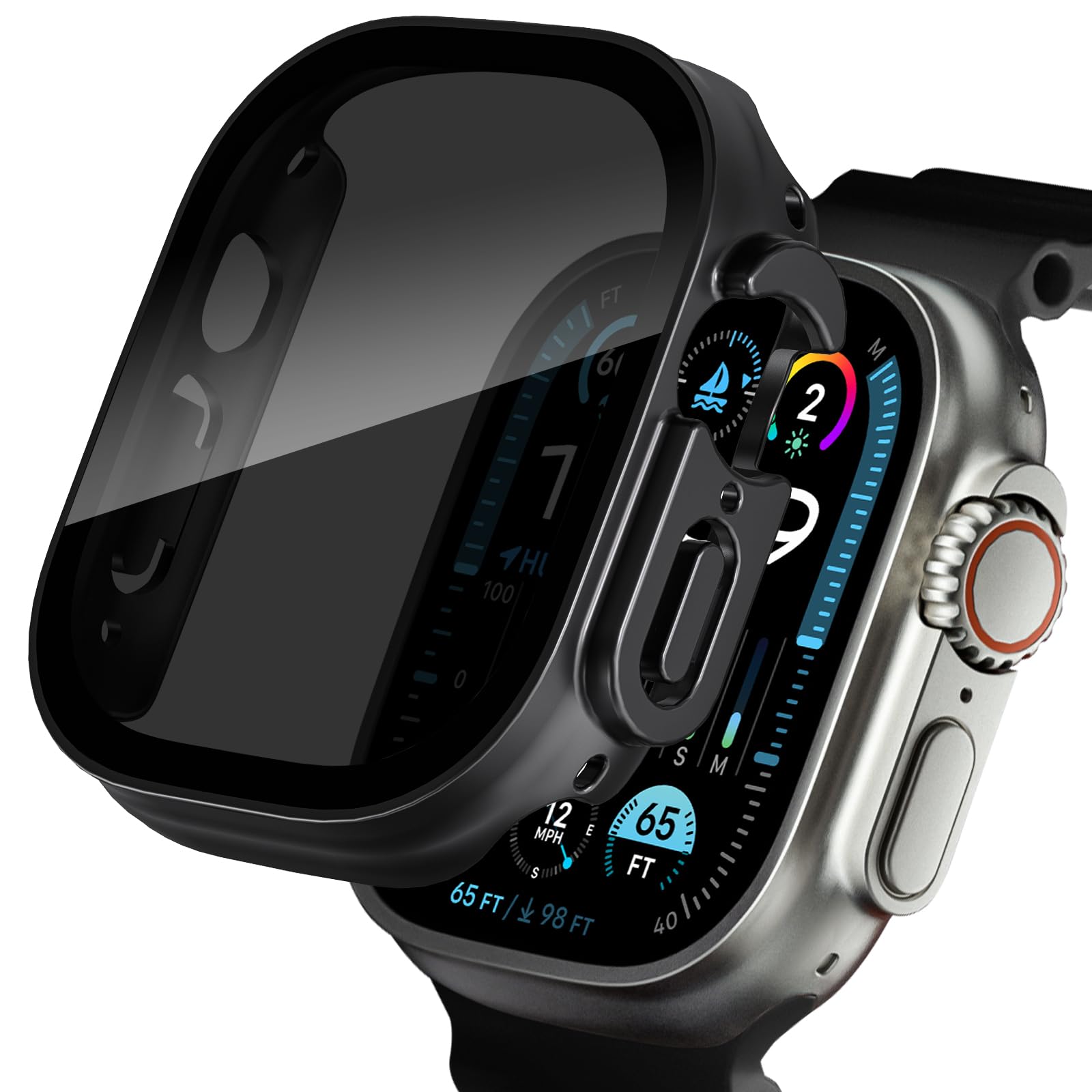 KUYUBMINYR 2 Pack Privacy Case for Apple Watch Screen Protector, Anti-Spy Tempered Glass Film Apple Watch Cover Hard PC Case Bumper for iWatch Ultra 3/2/1 - Black/Black 49mm
