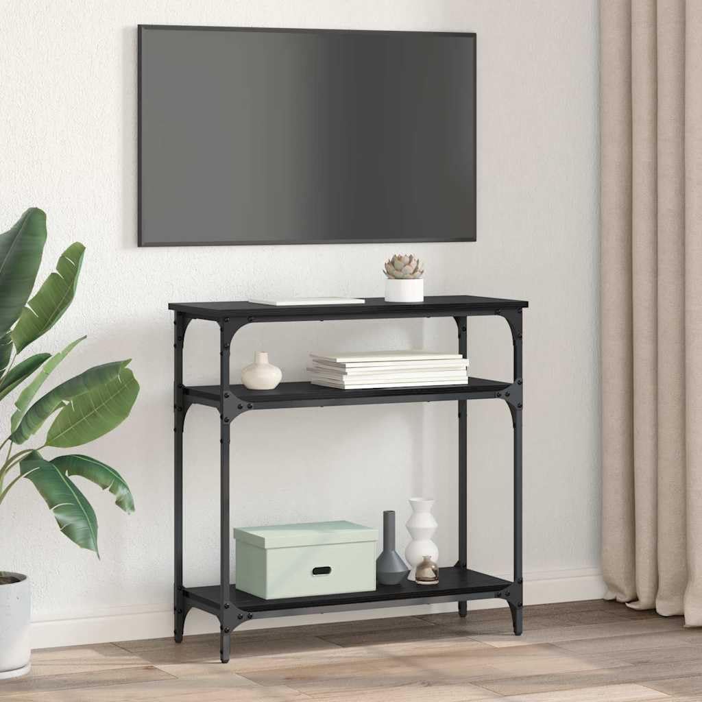 Stolik konsolowy z regałem o wyglądzie czarnego dębu, 75 x 29 x 75 cm, przemysłowy stolik pomocniczy do korytarza, salonu, stabilny stolik nocny z 2 półkami