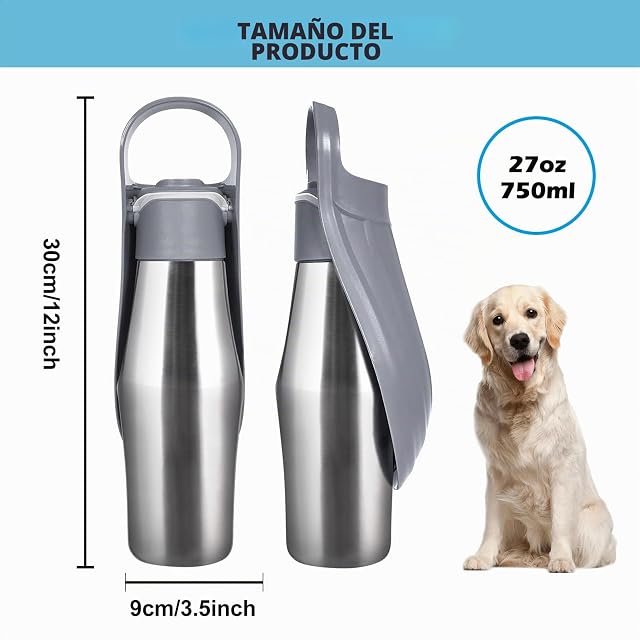 Foto 2 de 7 de BORDEAG Botella de agua para perros, 750 ml, de acero inoxidable, plegable 180°, portátil para perros