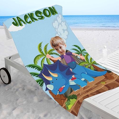 Miniatura 5 de Artsadd Toallas de playa personalizadas de dinosaurio de microfibra para niños y niños, toallas de baño de algodón personalizadas con foto cara y