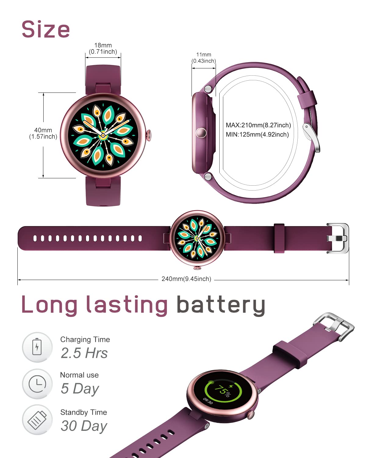 Lynn Montre Connectée Femme Petite Cadran 1.09 Pouce Ronde Elegante Sport Waterproof Frequence Cardiaque SpO2 Fond d Écran Personnalisé Compatible iPhone Samsung Xiaomi Huawei Violet