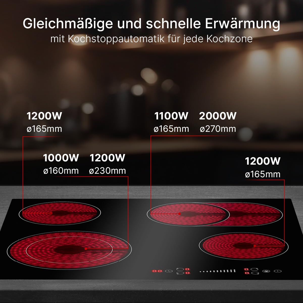 Bomann® Autarkes Kochfeld | 4 Zonen | Kochfeld Autark mit Slide Control & Timerfunktion | Kochplatte mit 9 Stufen | Glaskeramikkochfeld 6600W & Kochstoppautomatik | EBK 7941