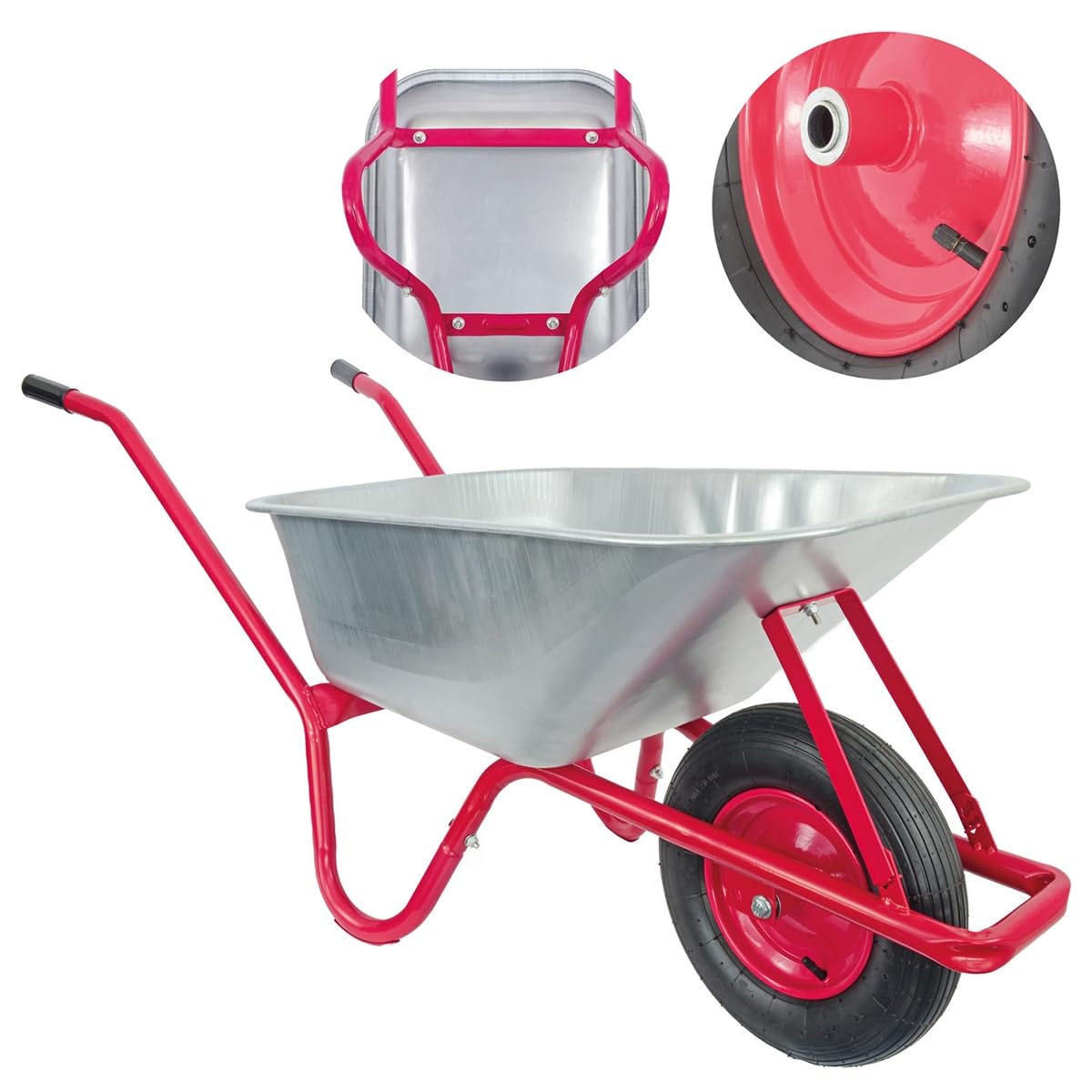 Matrix Schubkarre 100l Liter 250 kg Luftrad Schubkarren groß Garten Scheibtruhe Bauschubkarre | Mulde verzinkt | Metall Felge mit Kugellager | Farbe rot