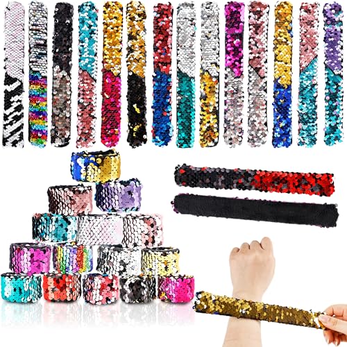 30 Pack Slap Bracelets Reversible Slap Bracelets Bulk Charm Sequins Horsetail Buckle Magic Wristband for Kids Hair Accessories Goodie Bag Fillers, 15 Colors