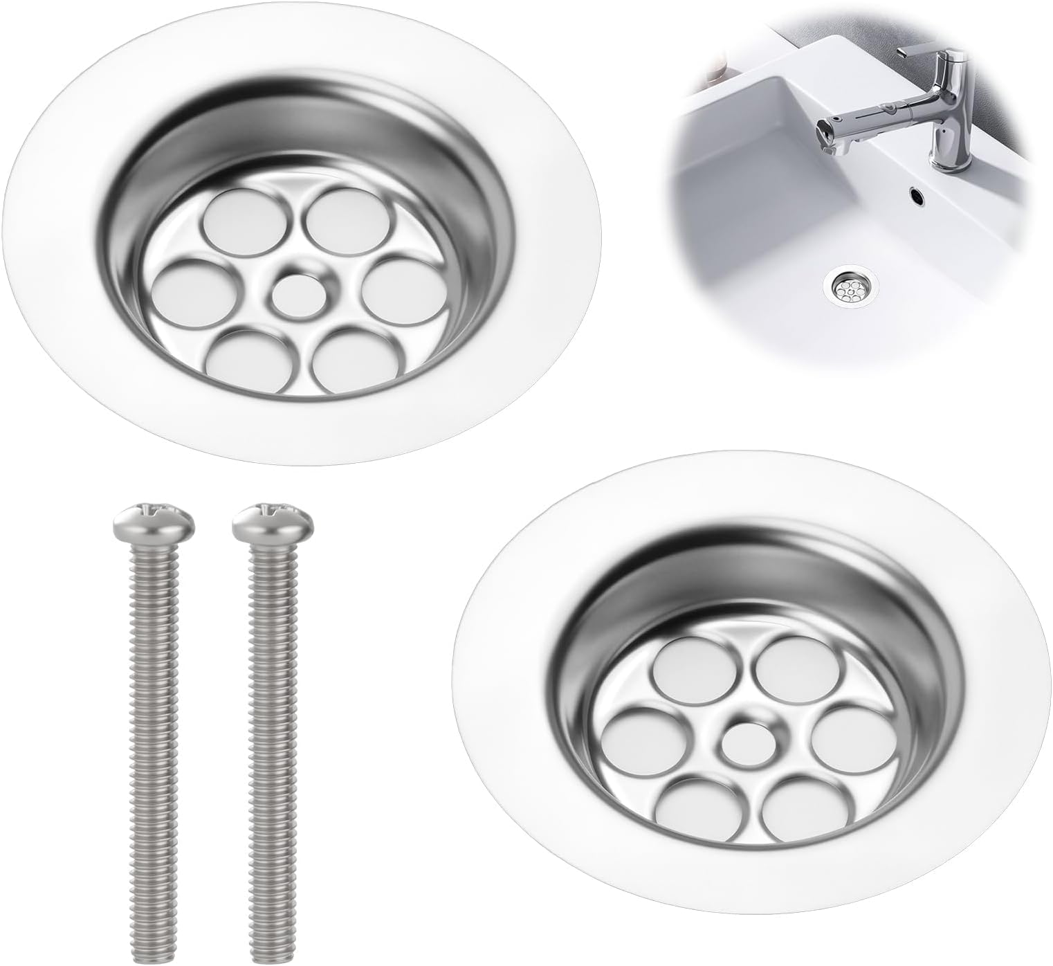 70mm Kitchen Sink Waste Basket Replacement Set, Leak-Proof Polypropylene Strainer Plug with Screw, Fits Standard Basin Drains, 2PCS