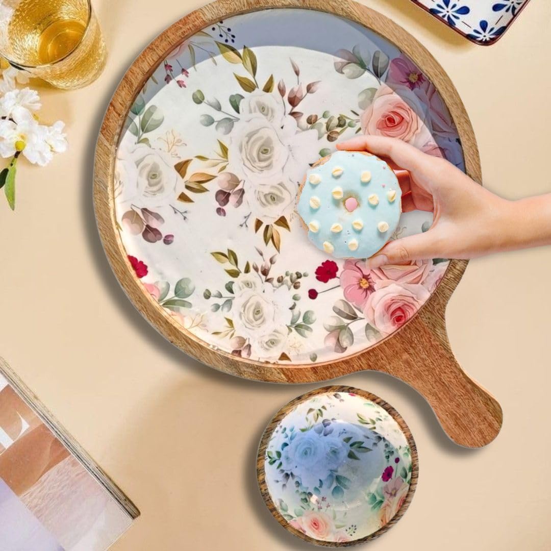 Hartsmede Serving Platter Tray with Bowl – 12" Handmade Mango Wood Charcuterie Board with Floral Enamel Pattern, Rustic Cheese Fruit Snack Serving Board for Parties or Housewarming Gift – Floral