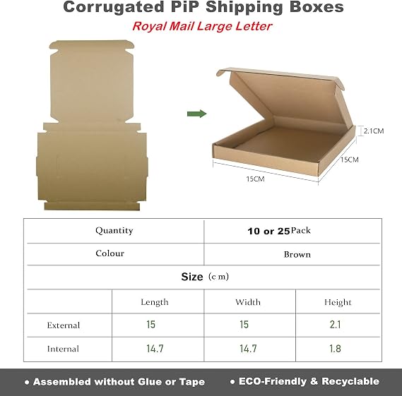 Corrugated Cardboard Shipping Boxes, 15x15x2cm Royal Mail Large Letter PIP Postal Boxes, Packaging Mailing Boxes for Business, Posting, Storing or Gift(Pack of 10)
