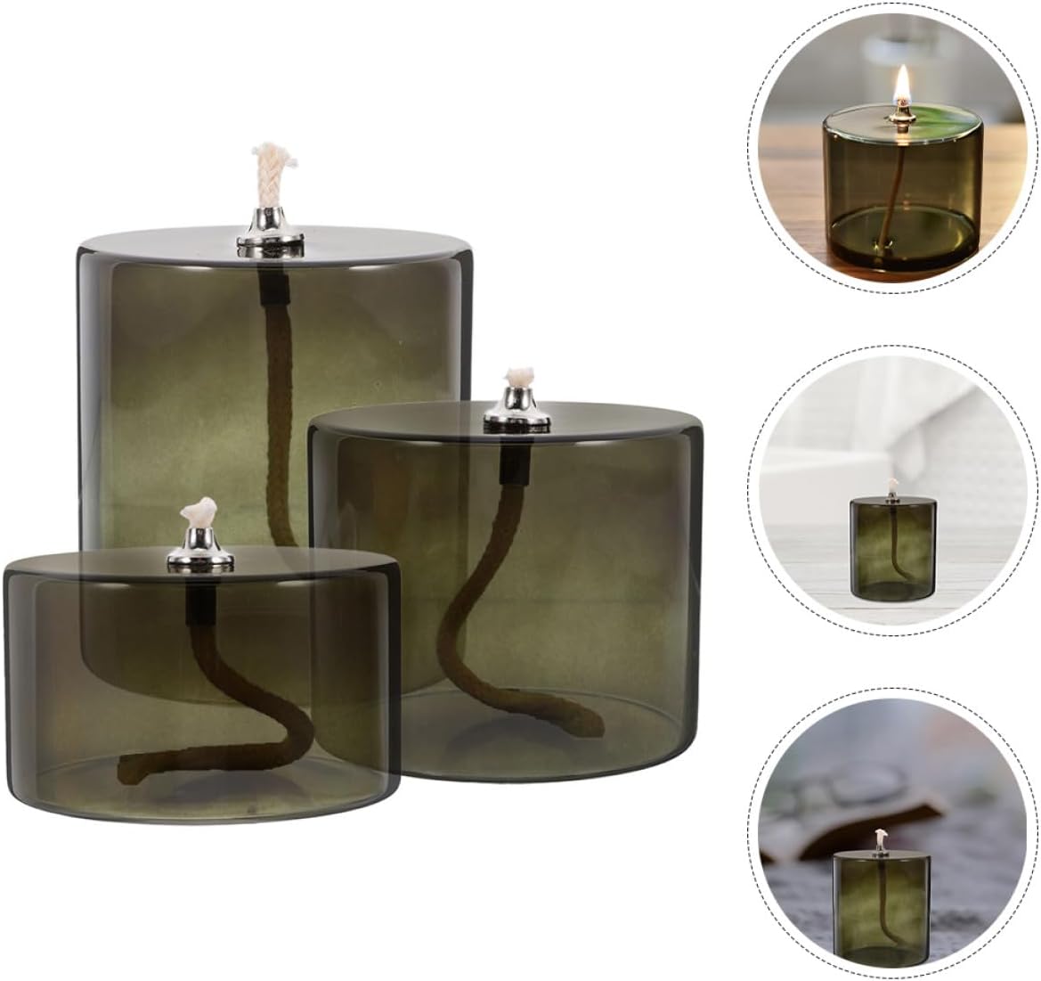 3pcs Vintage Glass Oil Lamps Set, Olive Green Large, Medium Small Kerosene Liquid Candle Holders for Indoor Use, Refillable Household Oil Lamps Home Décor