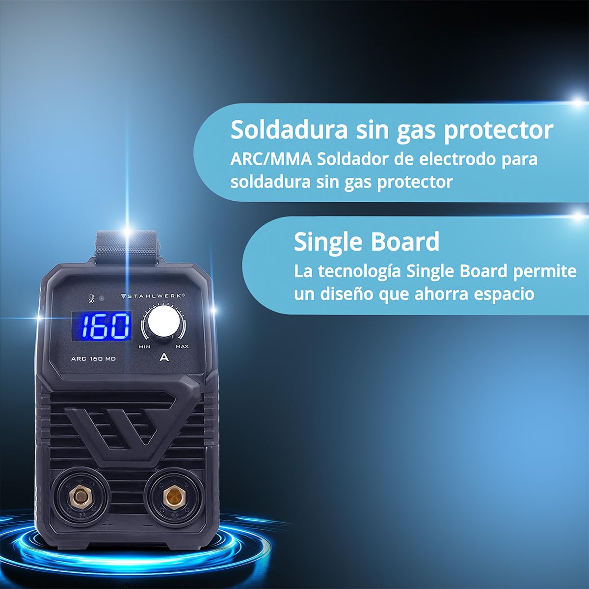 STAHLWERK Soldadora FLUX 160 ST Digital – Equipo completo – Máquina de soldar combinada 3 en 1 con 160 A, soldadura con hilo hueco sin gas protector, MMA/Electrodo, Lift-TIG (DC), sinérgico