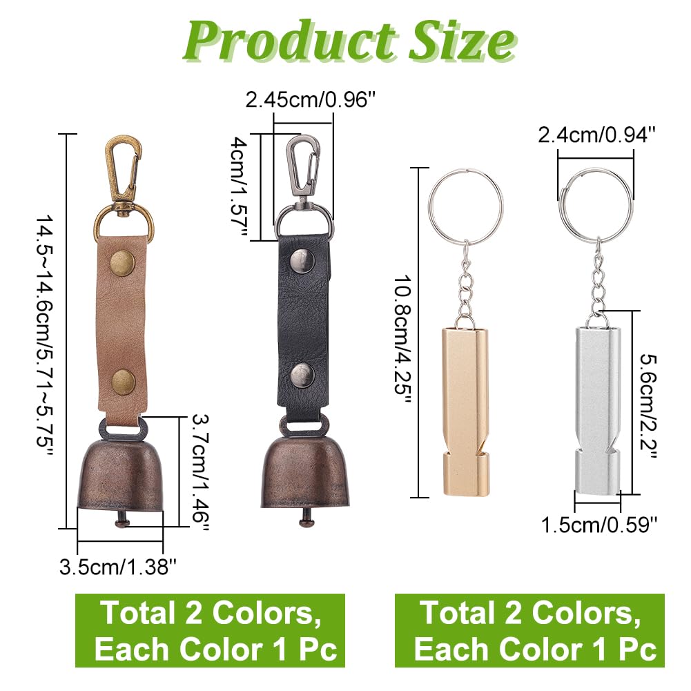 NBEADS 2 Pcs Dog Collar Bells with 2 Pcs Double Frequency Whistles, Pet Bells Tracker Noise Maker Pendant with PU Leather Strap for Dog Cat Pet Cow Farm Emergency Survival