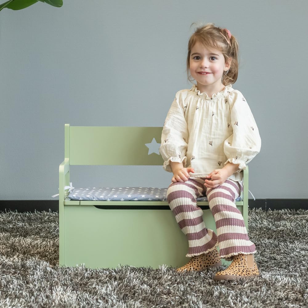 Bandits & Angels Holzspielzeugkiste mit Aufbewahrungsbank Retro Grün – 2-in-1-Aufbewahrungsbank – Sitzhöhe 24 cm – Maße 60 x 27 x 47 cm – für Jungen und Mädchen – Kinderzimmermöbel - Kindersitzbank