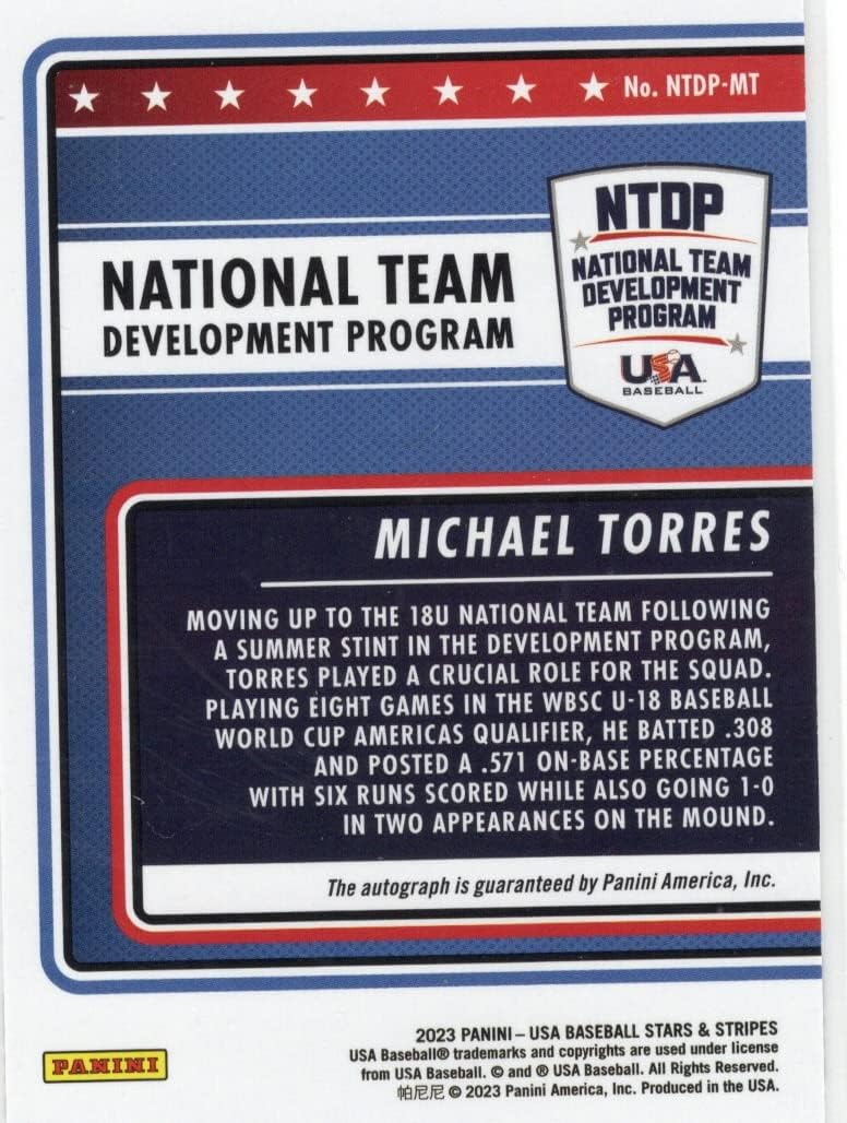 Michael Torres Autographed National Team Development Program Collectible Baseball Card- 2023 Panini USA Stars and Stripes Baseball Card #NTDP-MT (National Team Development Development Program)