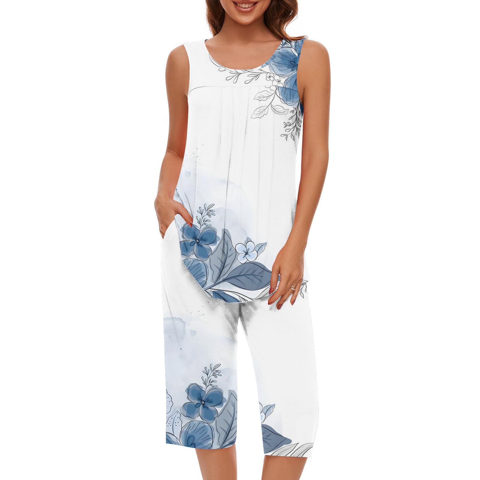 Ensemble Femme Chic 2025 T-Shirts Plissé Hauts Et Pantalon,T Shirt Femme Imprimés Floraux Ample Et Confortable Tee Shirt À Sans Manches Loungewear T-Shirts Short Ensemble De Pyjamas